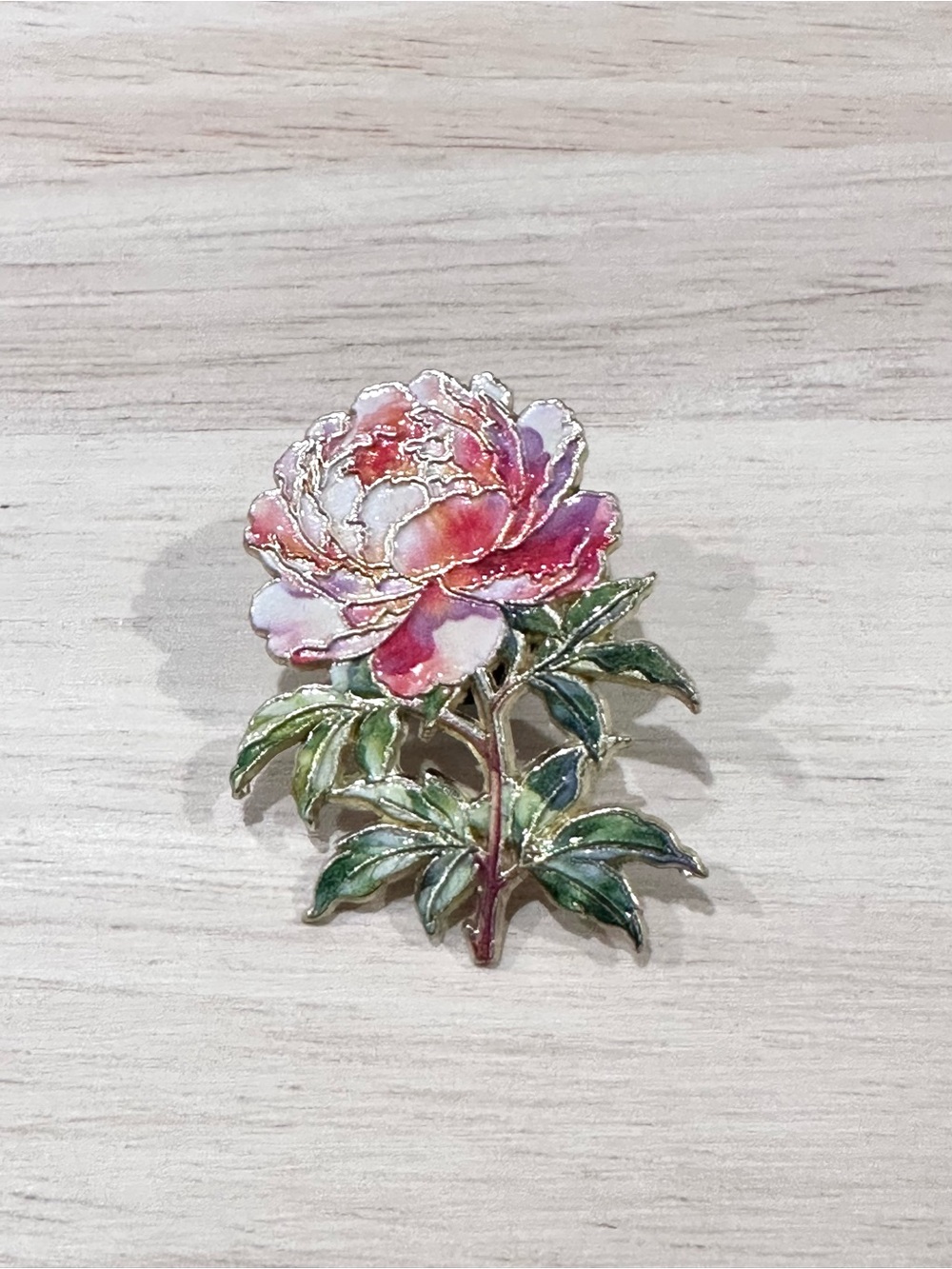 Pink Peony Gold Tone Enamel Floral Brooch Pin